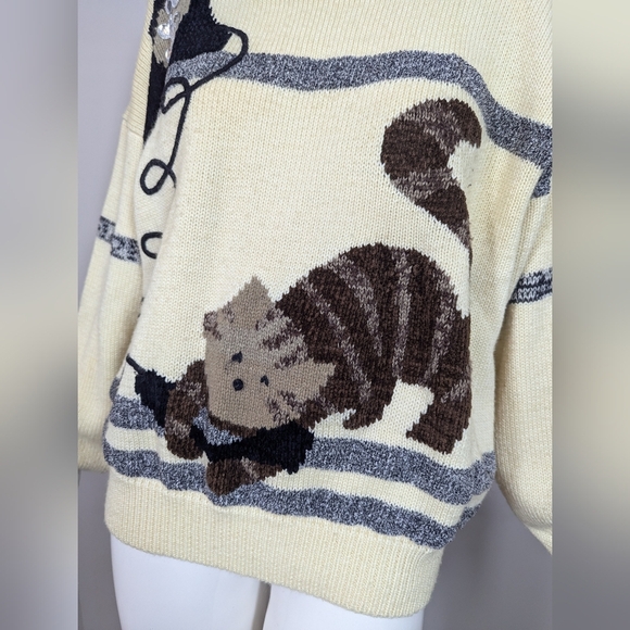 Vintage René Derhy Cat Sweater M Cream Wool Blend Knit 80s 90s France Novelty Ki - Picture 3 of 10